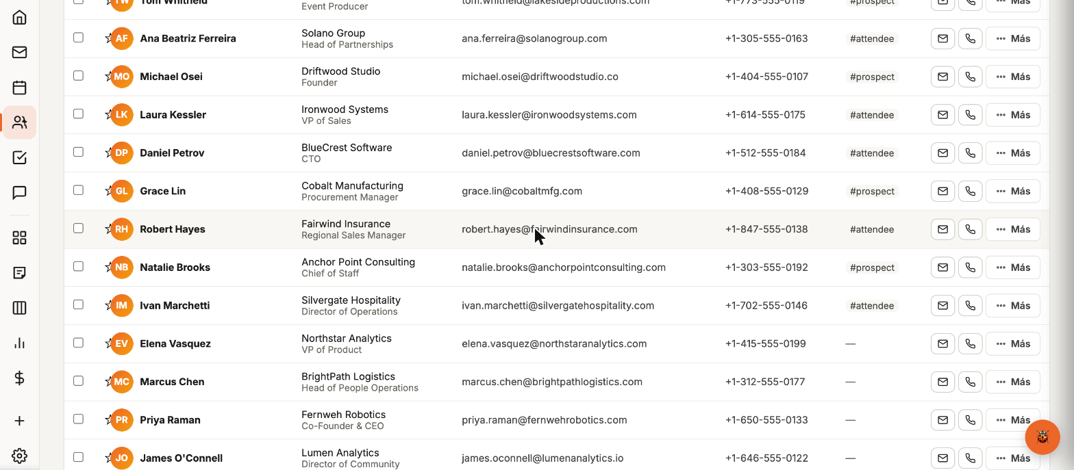 Aluna's Contacts CRM with a list of attendees