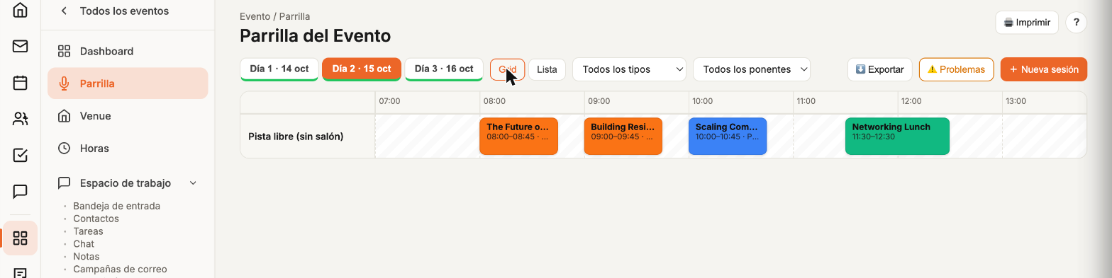 Event grid with real sessions by time slot