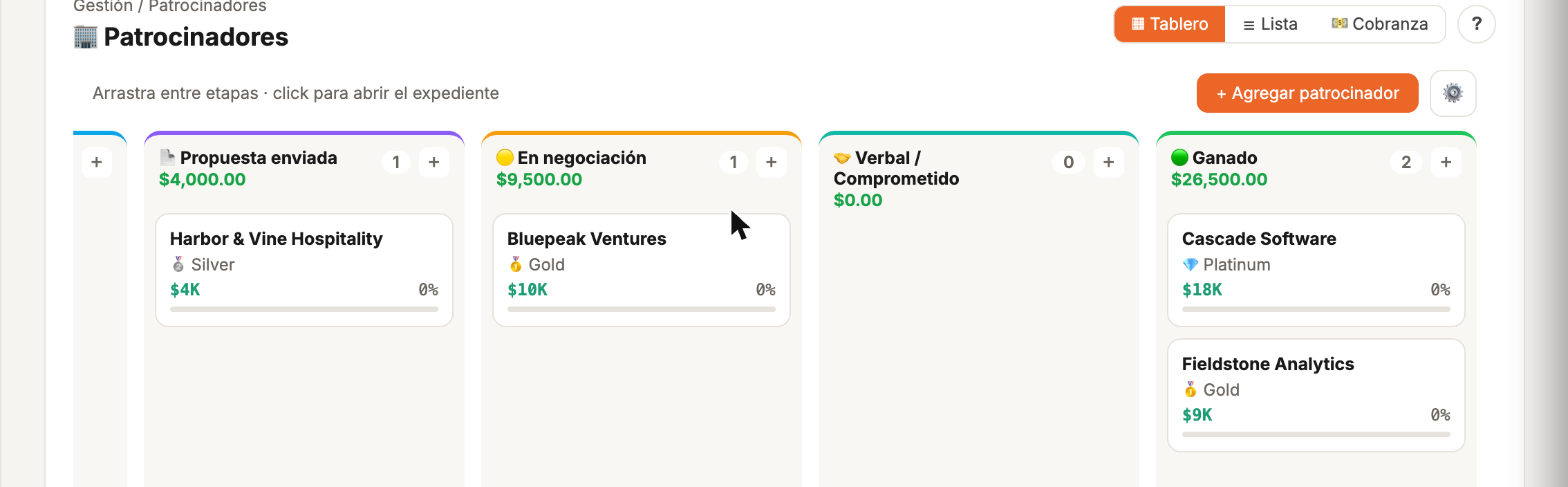 Sponsors Kanban with real tiers and amounts