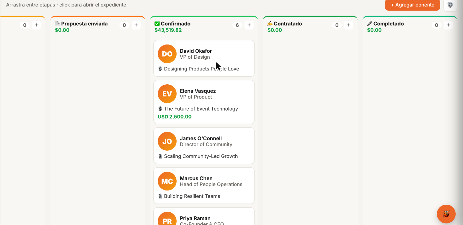 Speaker management Kanban by stage