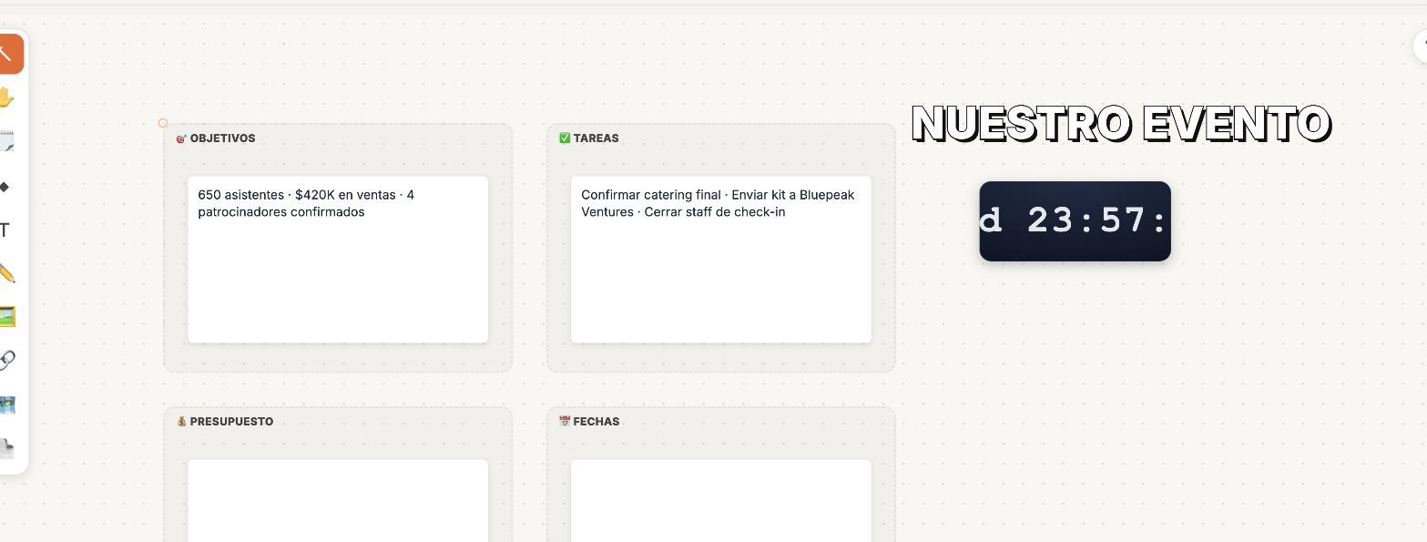 Aluna Canvas collaborative board with an event plan and live countdown