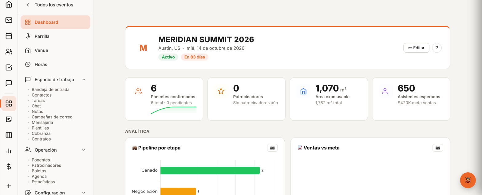 Dashboard for the Meridian Summit 2026 event in Aluna